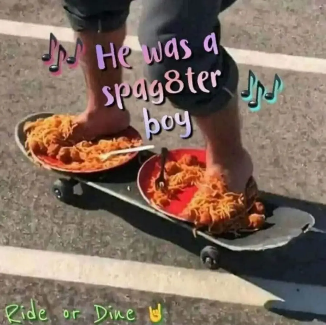 A person is barefoot standing on a skateboard, with one foot on each of two red plates filled with spaghetti. The text…