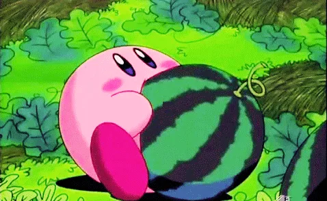 A six-panel comic strip shows the pink video game character Kirby initially hugging a large watermelon, then biting into it…