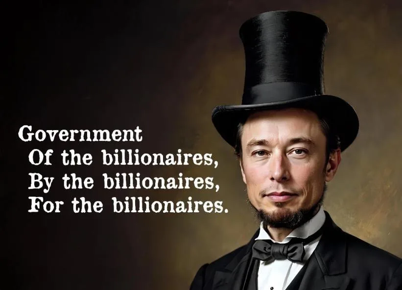 A portrait-style image features Elon Musk with a black top hat and formal black tuxedo with bow tie, styled to resemble…