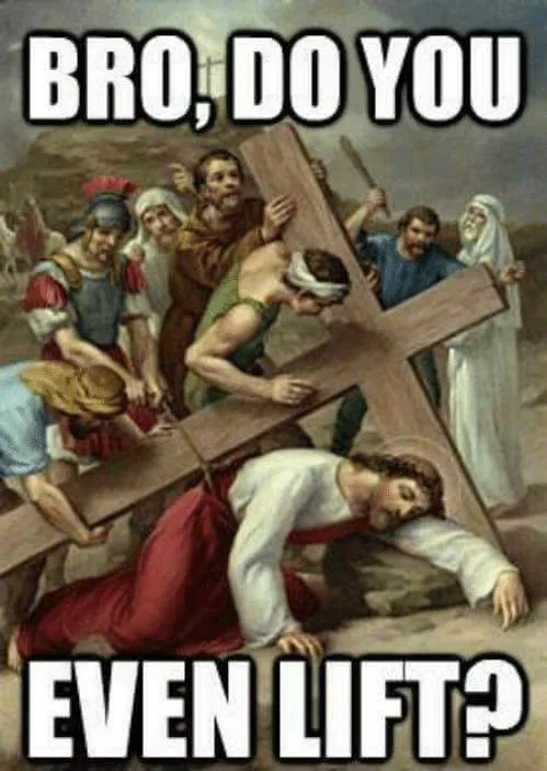 A classical painting depicts Jesus Christ collapsing under the weight of a large wooden cross, surrounded by Roman soldiers…