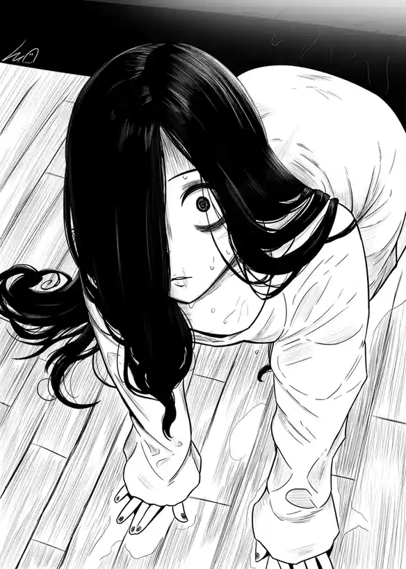 A black-and-white anime-style illustration shows a young woman with long dark hair, viewed from a high angle as she leans…