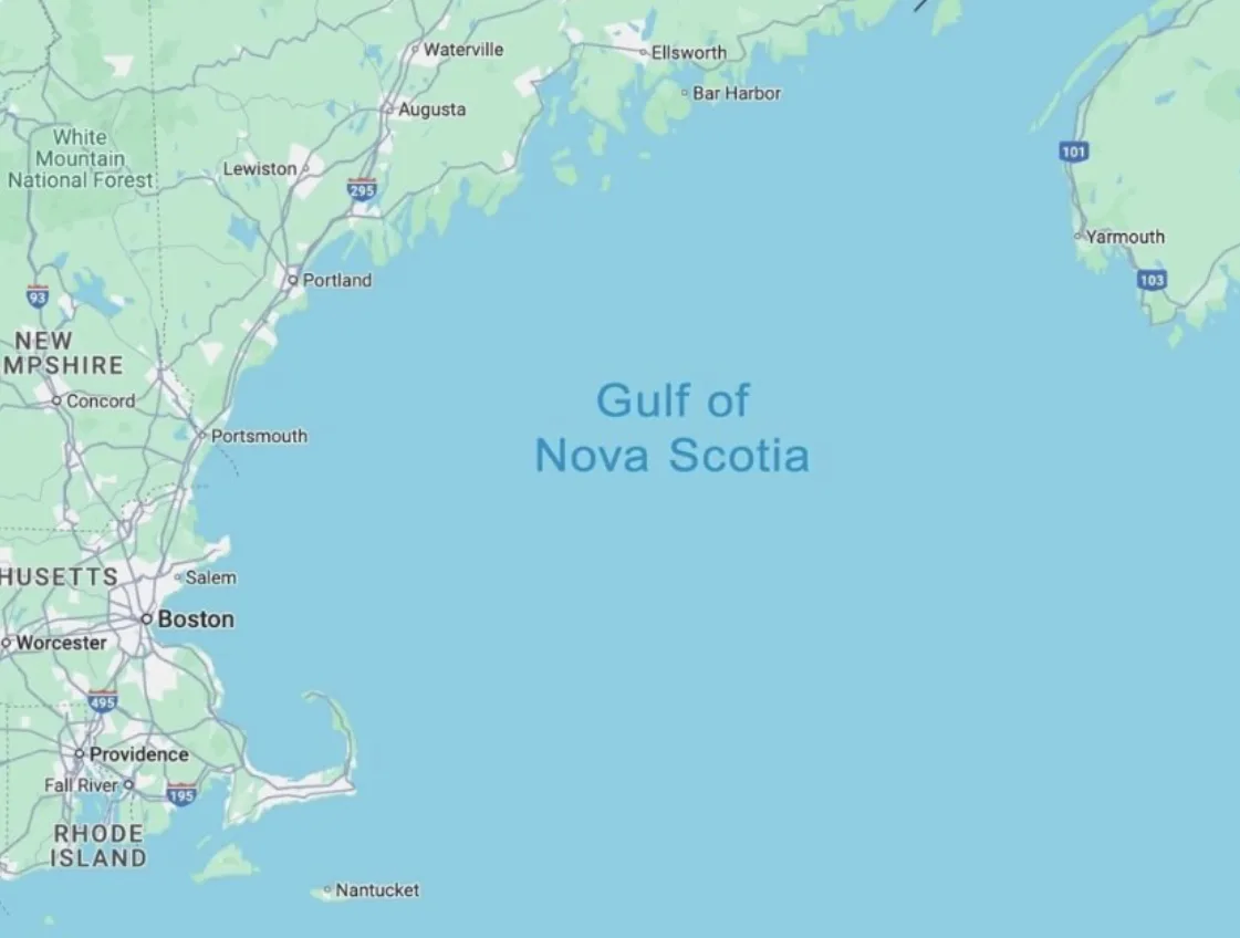 A map showing the Gulf of Nova Scotia between the U.S. states of Maine, New Hampshire, and Massachusetts and the Canadian…