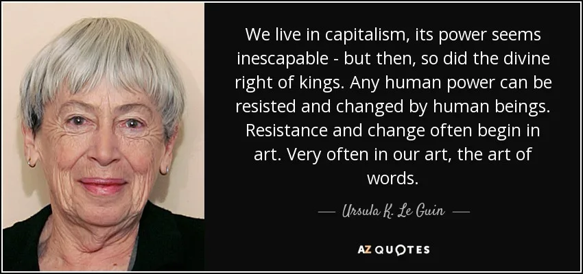 A portrait of Ursula K. Le Guin, an elderly woman with short gray hair and a gentle smile, is shown on the left. The right…