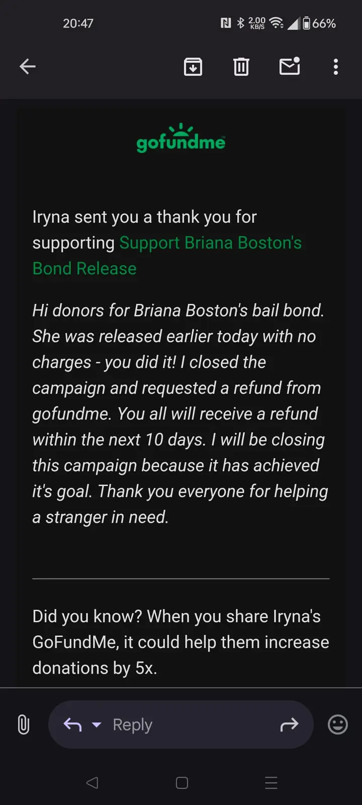 A screenshot of a GoFundMe thank-you email notification on a mobile phone, showing a campaign for Briana Boston's bail bond…
