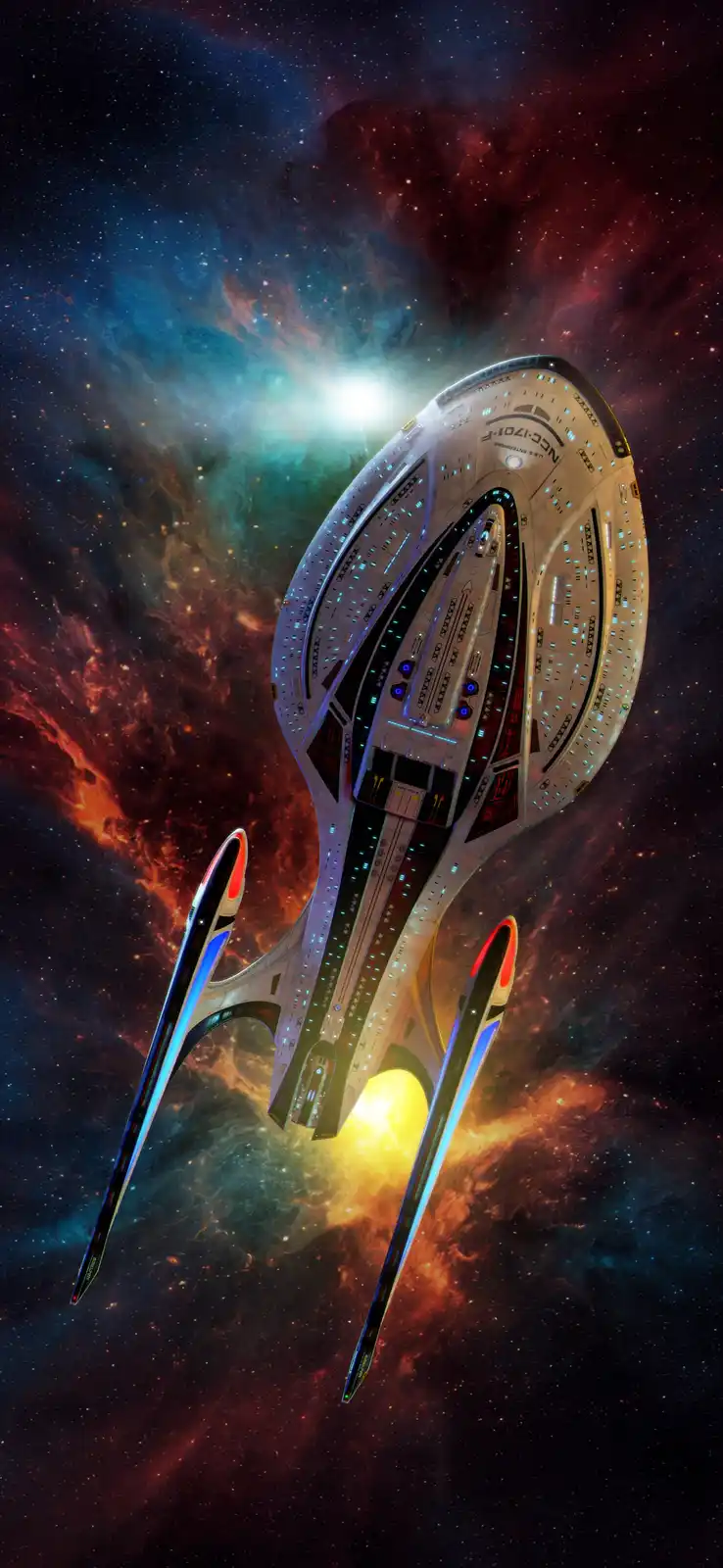A detailed image of the Star Trek Enterprise-F starship, NCC-1701-F, shown from below against a vibrant cosmic nebula with…