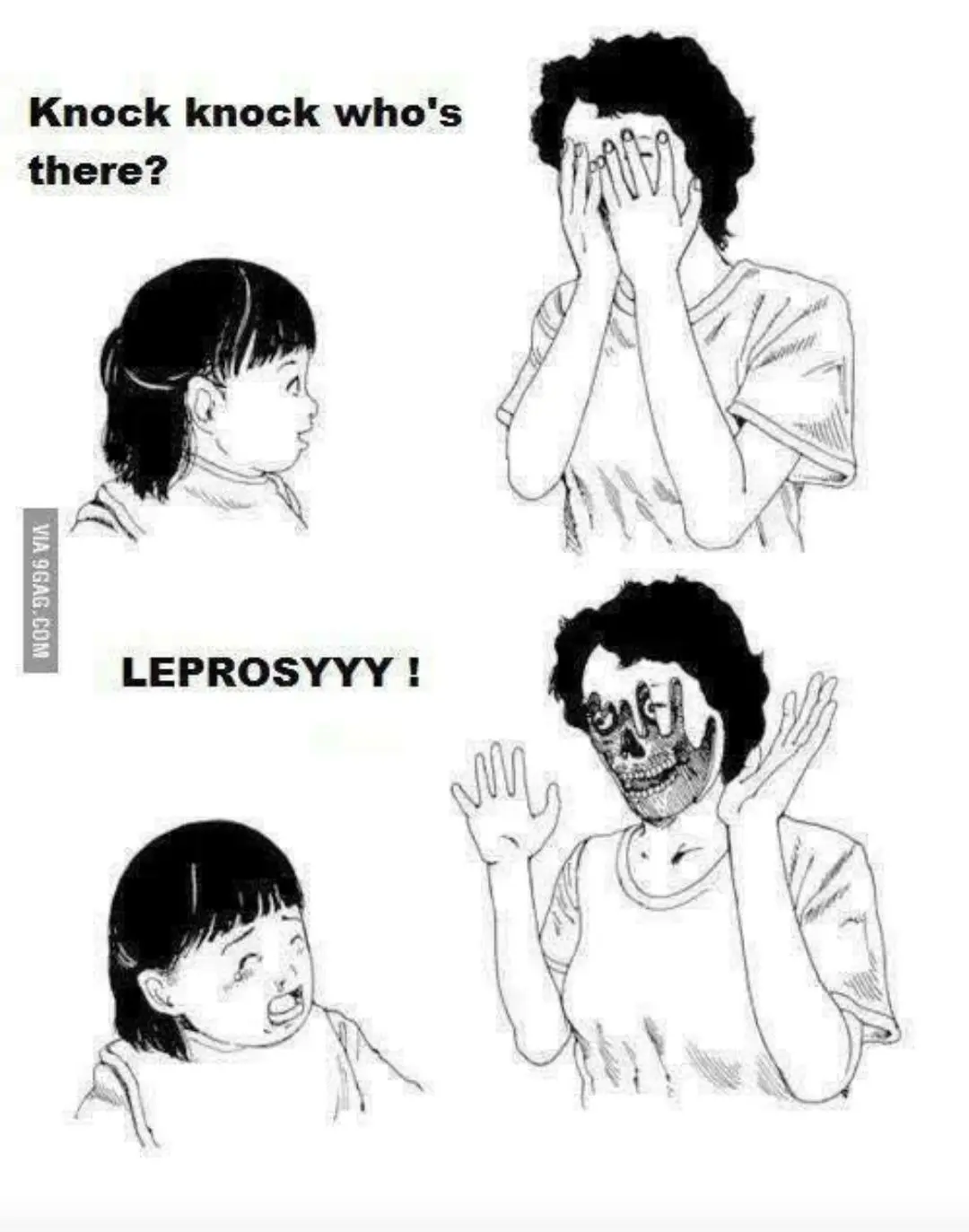 A black-and-white comic strip shows a child asking 'Knock knock who's there?' while a person covers their face in fear. The…