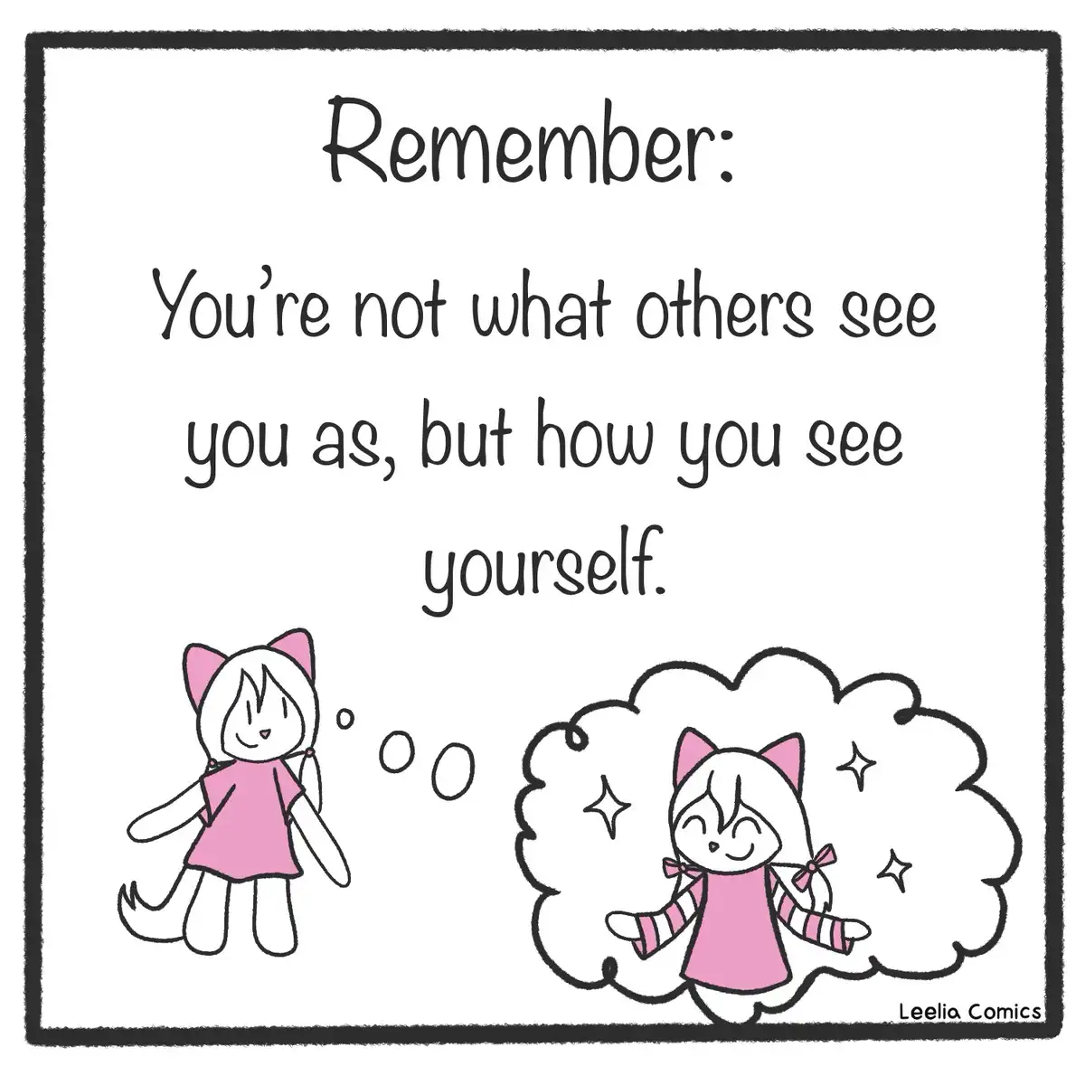 A simple cartoon drawing shows a cat-eared girl in a pink dress looking at her own thought bubble. Inside the bubble, she's…