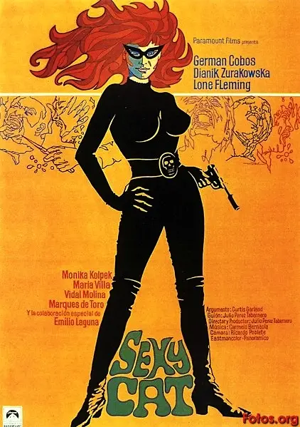 A vintage movie poster for 'Sexy Cat' features a stylized woman with fiery red hair, wearing a black catsuit, mask, and…