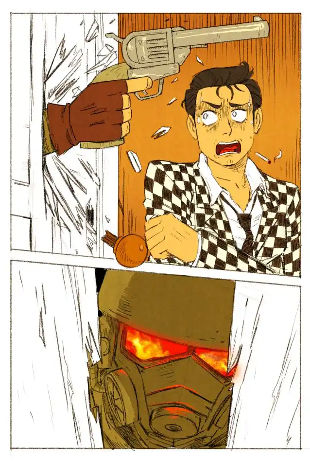 A two-panel comic strip shows a man in a checkered suit holding a small orange object while a gloved hand aims a revolver at…