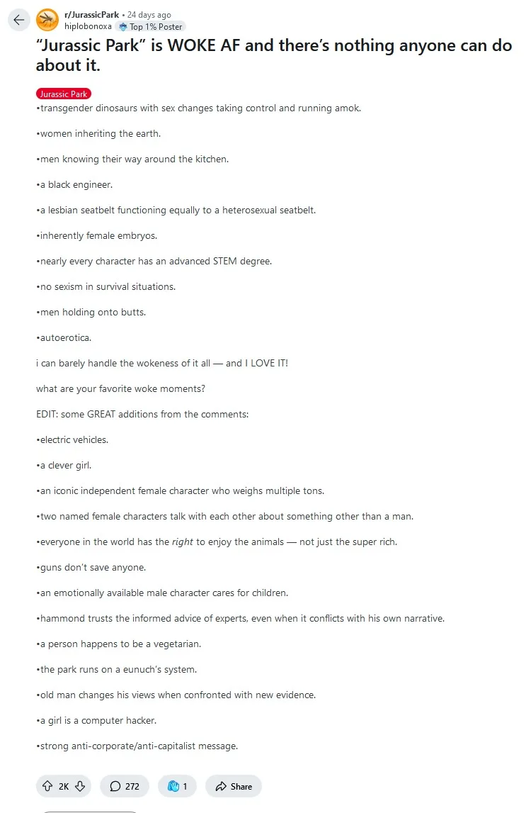 A screenshot of a Reddit post from r/JurassicPark showing a list of absurdly progressive and politically charged…