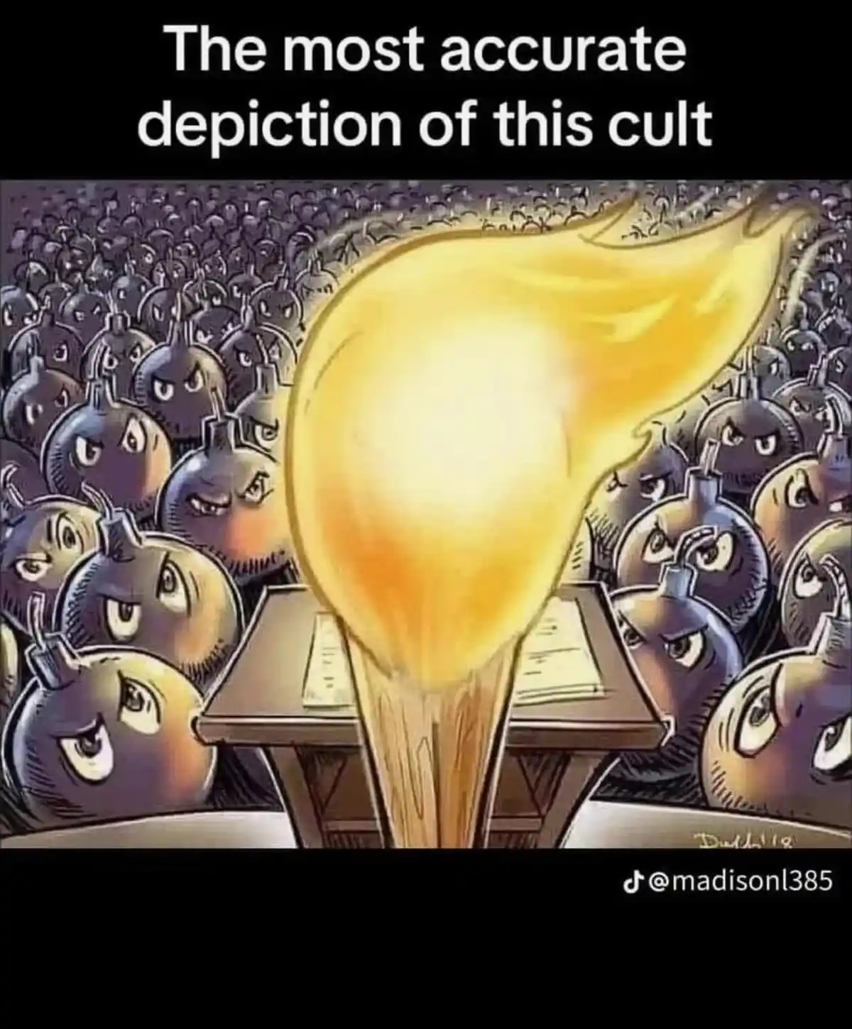 A cartoon depicts a large, glowing yellow torch with a wooden handle, standing at a podium in front of a crowd of bomb-like…