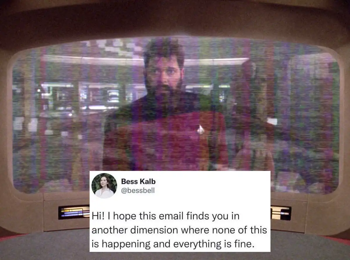A grainy, distorted image of a man in a red Starfleet uniform from Star Trek appears on a vintage television screen…