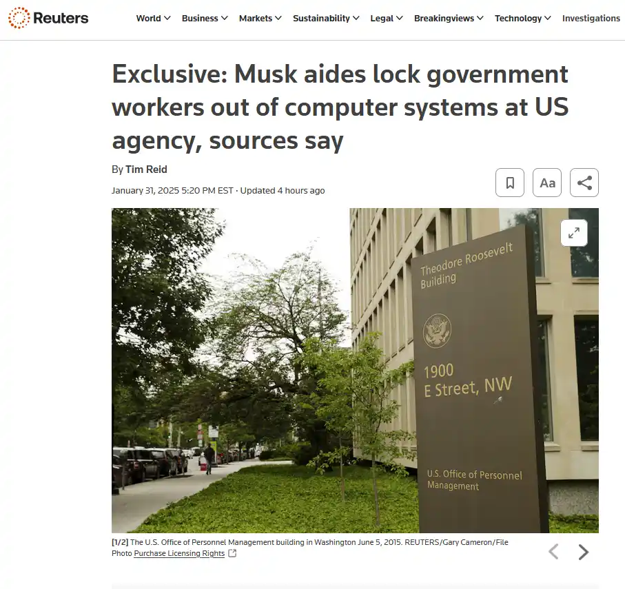 A Reuters news article screenshot shows a photo of the Theodore Roosevelt Building, identified as the U.S. Office of…