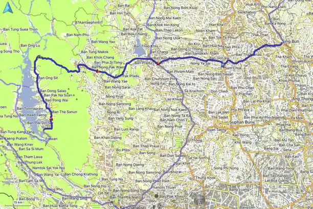 A map shows a long, winding blue route across a rural area with many small village names, starting near a lake and ending…