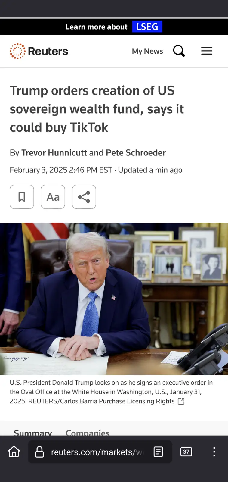 A screenshot of a Reuters news article from February 3, 2025, featuring a photo of Donald Trump seated at a desk in the Oval…