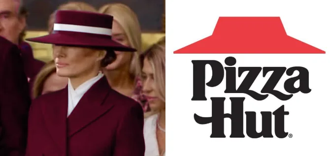 The image is a split-screen meme. On the left, a woman in a maroon suit and matching hat with a white band is shown in…