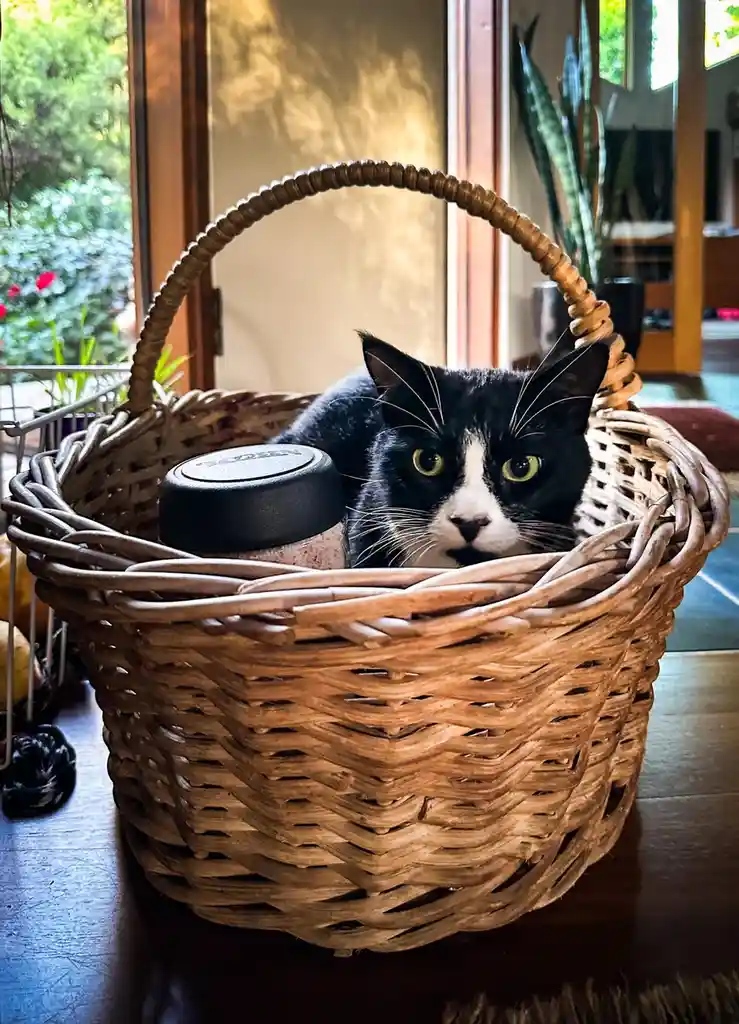 A black and white cat with green eyes is lounging inside a woven wicker basket on a wooden surface. The cat is looking…