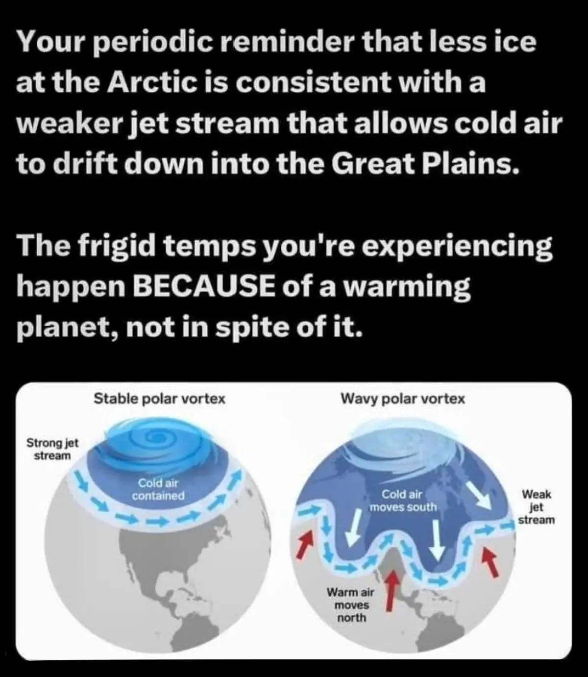 The image displays two diagrams comparing a 'Stable polar vortex' with a 'Wavy polar vortex', illustrating how a strong jet…