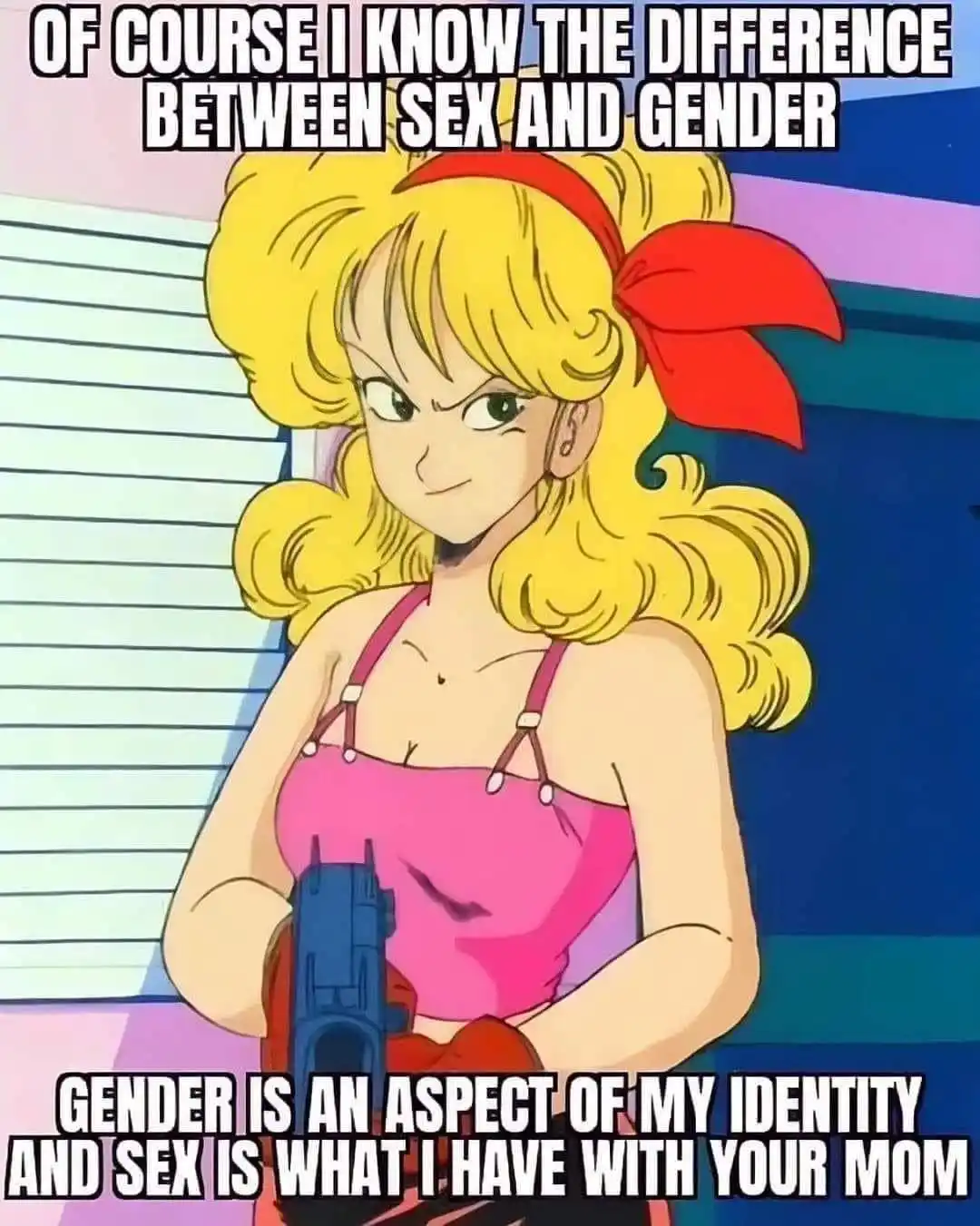 An anime character with blonde hair and a red bow, wearing a pink top and holding a blue gun, looks smugly at the viewer…