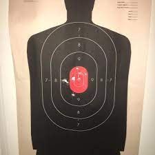 A black silhouette target with concentric scoring rings and a red bullseye. A single bullet hole is visible in the 7-ring…