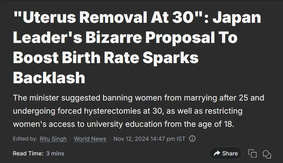 A screenshot of a fake news article with a dark background and white text, falsely claiming a Japanese leader proposed…