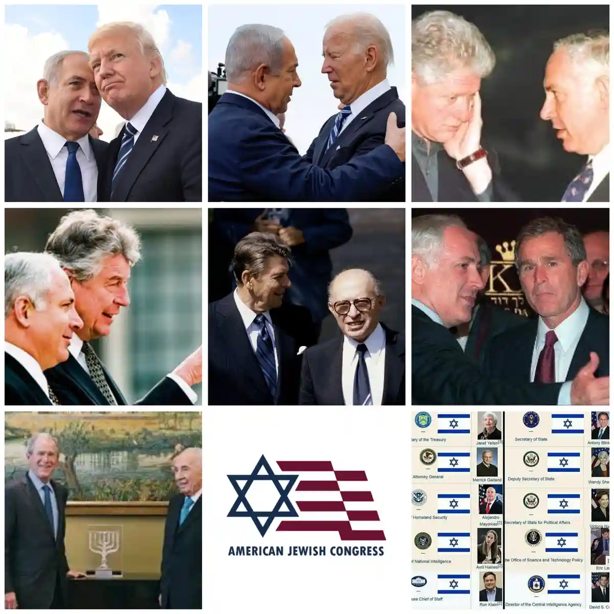 A collage of nine photos showing various U.S. presidents and Israeli leaders in close, often smiling or serious…