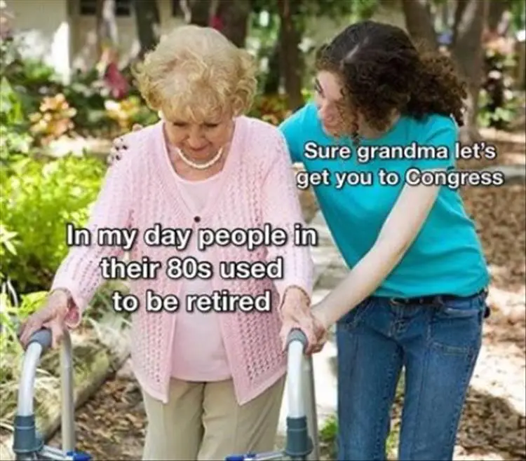 An elderly woman using a walker is being assisted by a younger woman. Text overlaid on the image reads: 'Sure grandma let's…