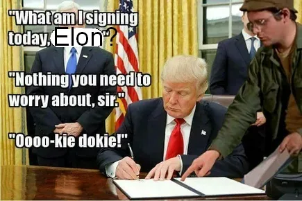 A photo of Donald Trump signing a document at a desk, with a man in a green jacket leaning over his shoulder. Text overlays…