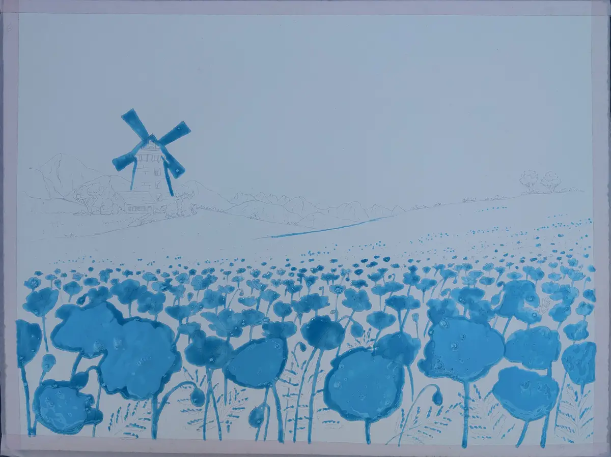 A watercolor painting depicts a field of blue poppies in the foreground with a windmill and distant mountains in the…