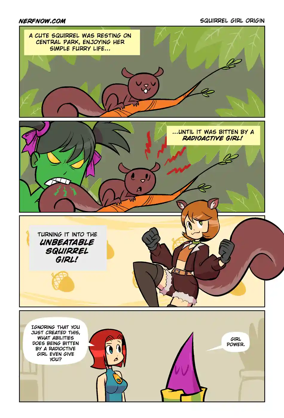 A four-panel comic strip titled 'SQUIRREL GIRL ORIGIN' from NERFNOW.COM. The first panel shows a cute brown squirrel resting…