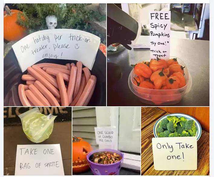 A collage of five Halloween treats with handwritten signs: hot dogs, spicy pumpkins, Sprite, gumbo, and broccoli, each with…