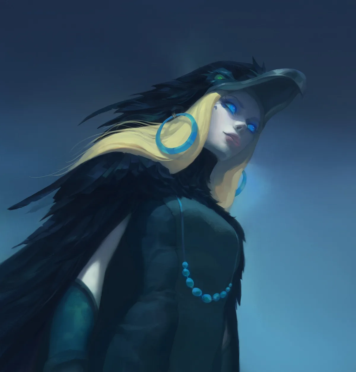 A stylized digital illustration shows a woman with long blonde hair, glowing blue eyes, and a black raven-themed hat and…