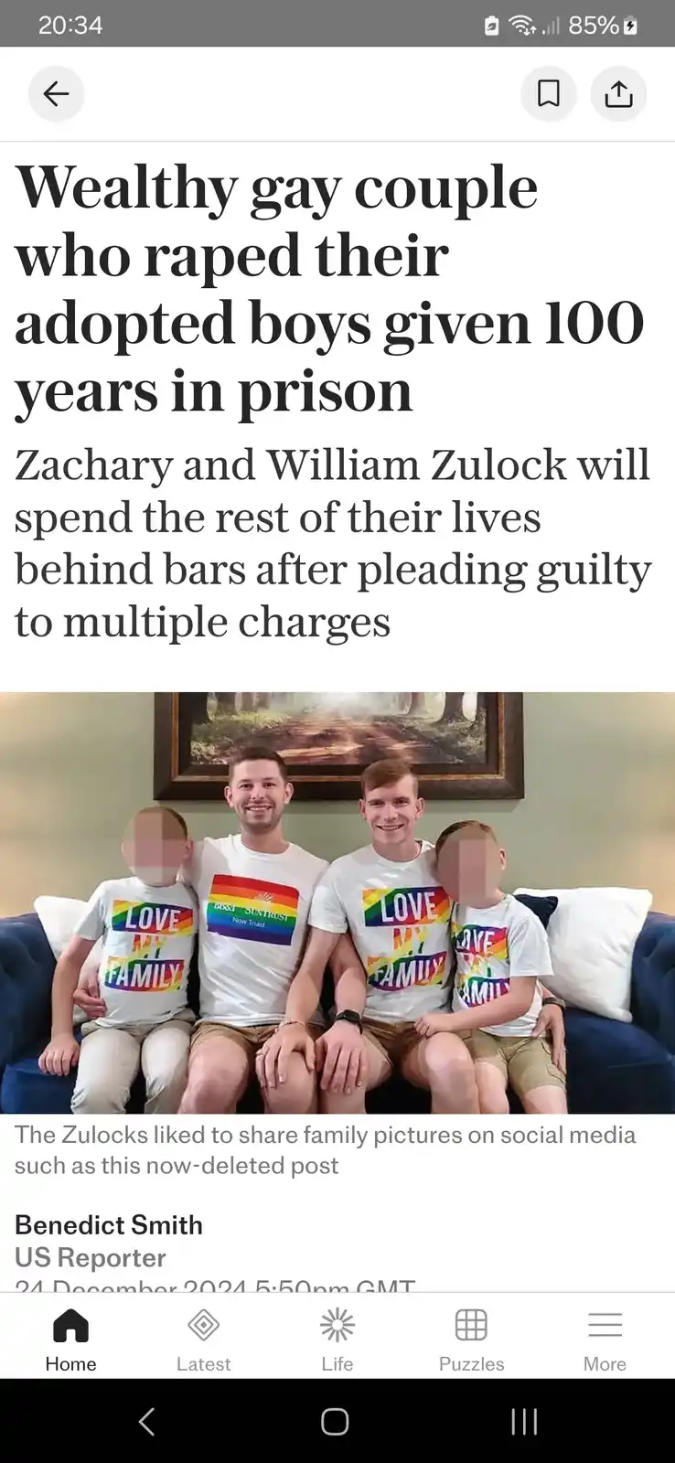 A screenshot of a news article shows a photo of two adult men and two young boys sitting together on a couch. The men are…