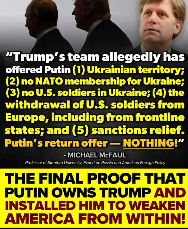 The image displays three men in suits: Vladimir Putin (left), Donald Trump (center), and Michael McFaul (right). Overlaid…