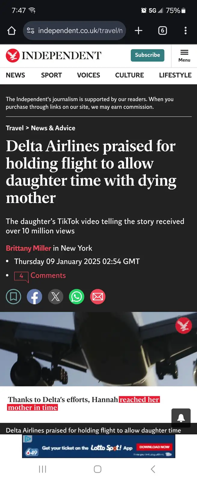A screenshot of a news article from The Independent about Delta Airlines holding a flight to allow a daughter to reunite…
