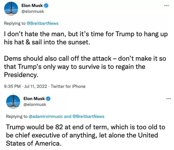 A screenshot of two tweets from Elon Musk's Twitter account, dated July 11, 2022. The first tweet says, 'I don't hate the…
