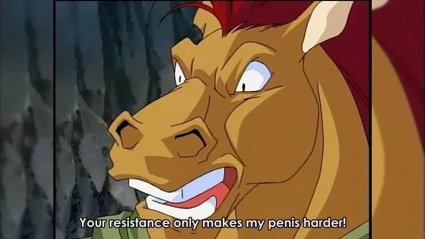 A close-up of a cartoon horse with a red mohawk, wide eyes, and a toothy grin, set against a rocky background. The overlaid…