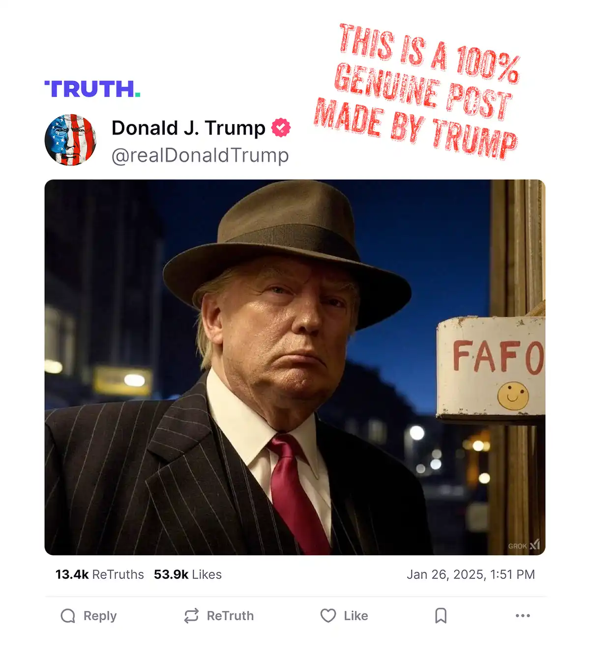 The image displays a screenshot of a social media post attributed to Donald J. Trump, featuring a photo of him in a…