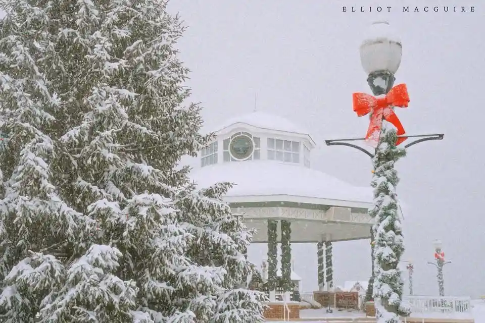 A snowy winter scene featuring a snow-covered gazebo and evergreen trees, with a lamppost adorned with a large red bow and…