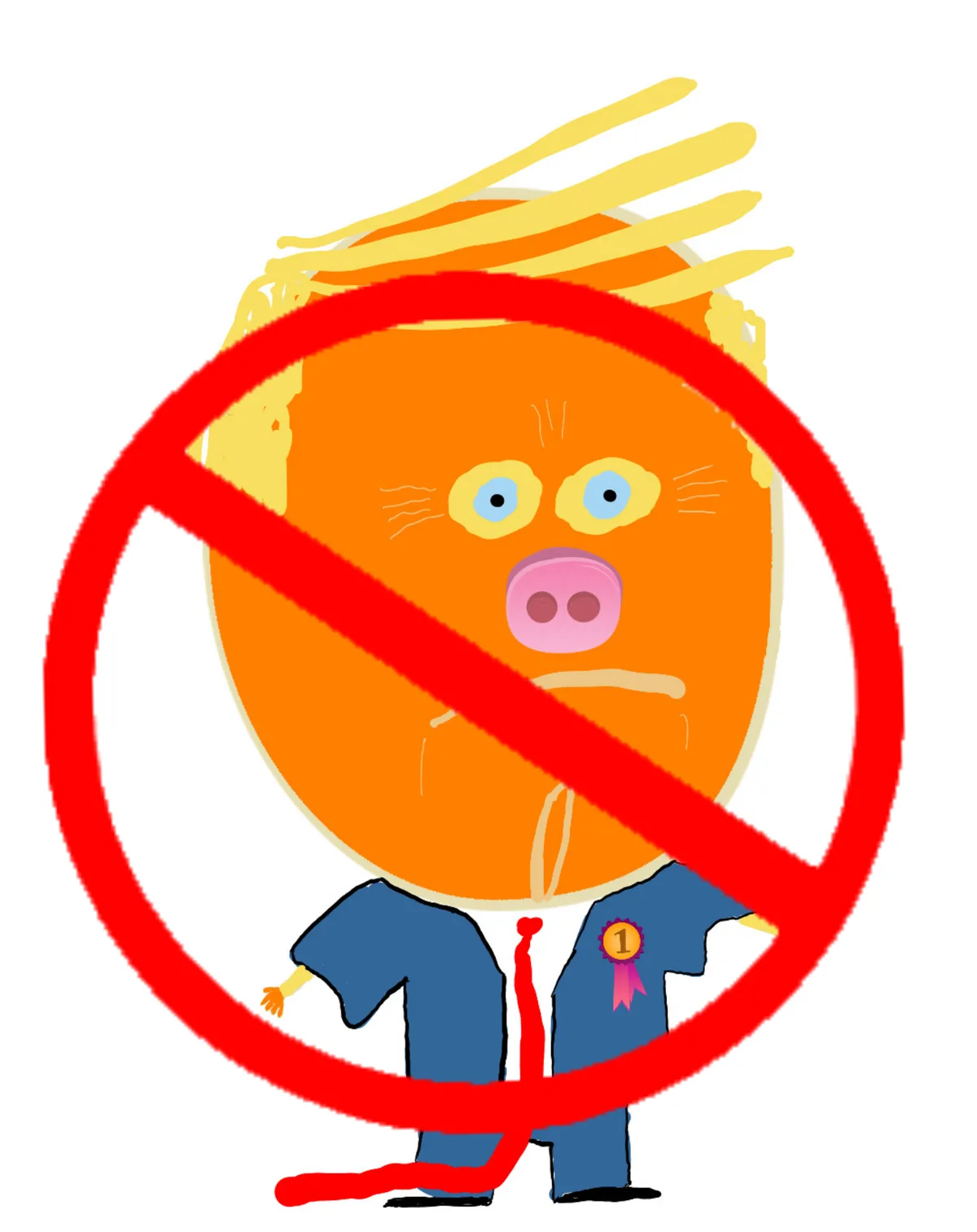 A cartoon pig with orange skin, blue eyes, and a pink snout wears a blue suit, white shirt, red tie, and a number one…