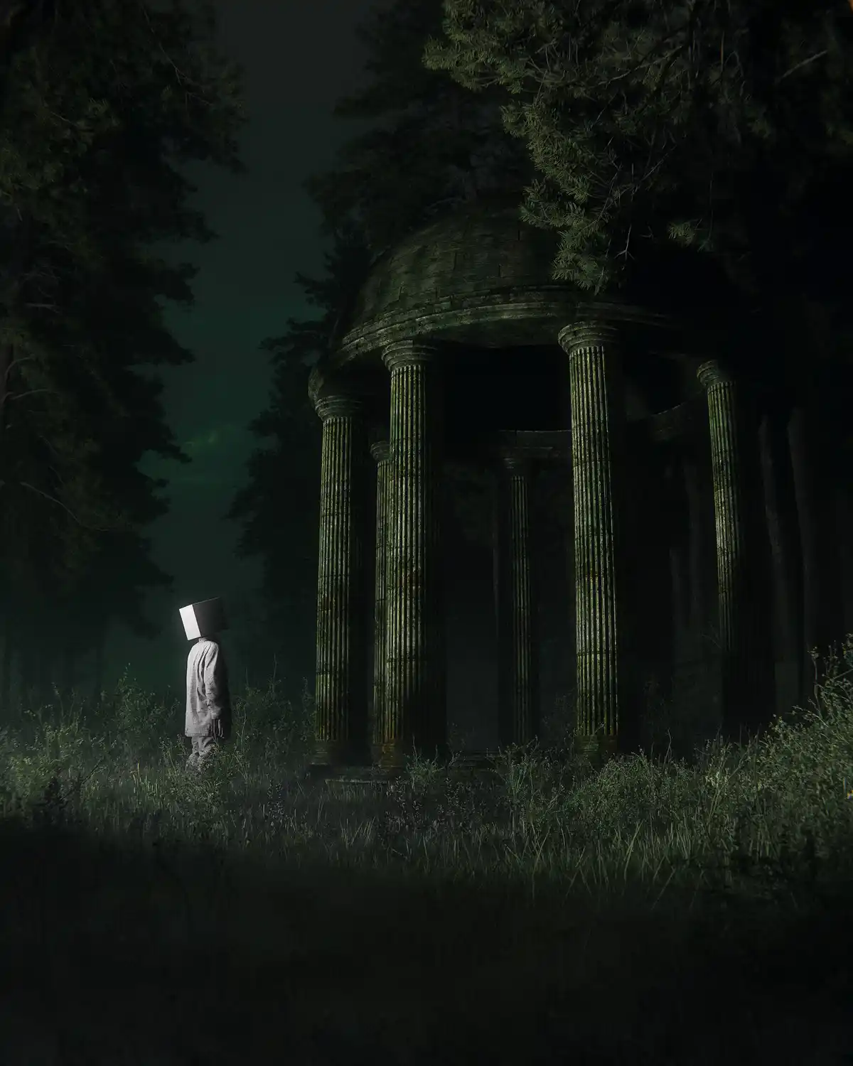 A person with a white box for a head stands in a dark, misty forest facing an ancient, moss-covered stone temple with tall…