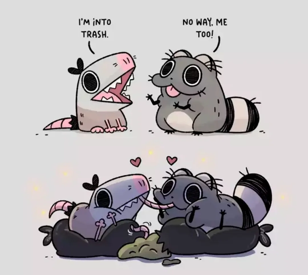 Two cartoon animals, a pink-shelled creature and a raccoon-like character, initially declare mutual love for trash. In the…