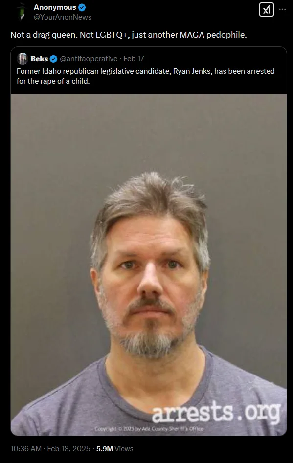 A screenshot of a Twitter post by 'Anonymous' featuring a mugshot of a man with graying hair and a goatee wearing a gray…