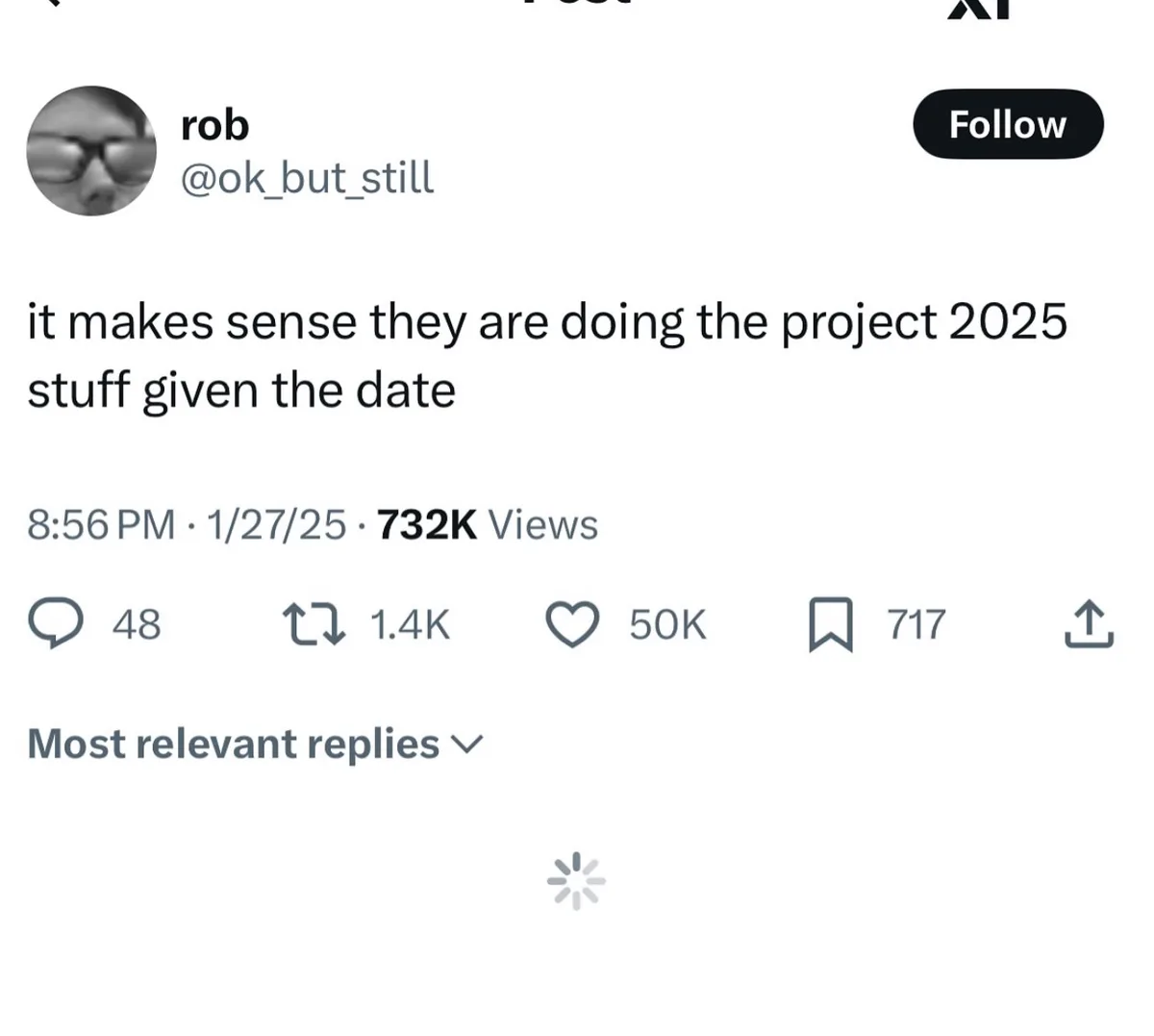 A screenshot of a social media post by user 'rob' (@ok_but_still) dated 1/27/25, which reads 'it makes sense they are doing…