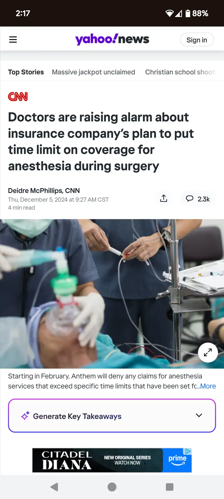 A screenshot of a Yahoo News article from CNN about doctors protesting Anthem's plan to limit anesthesia coverage duration…