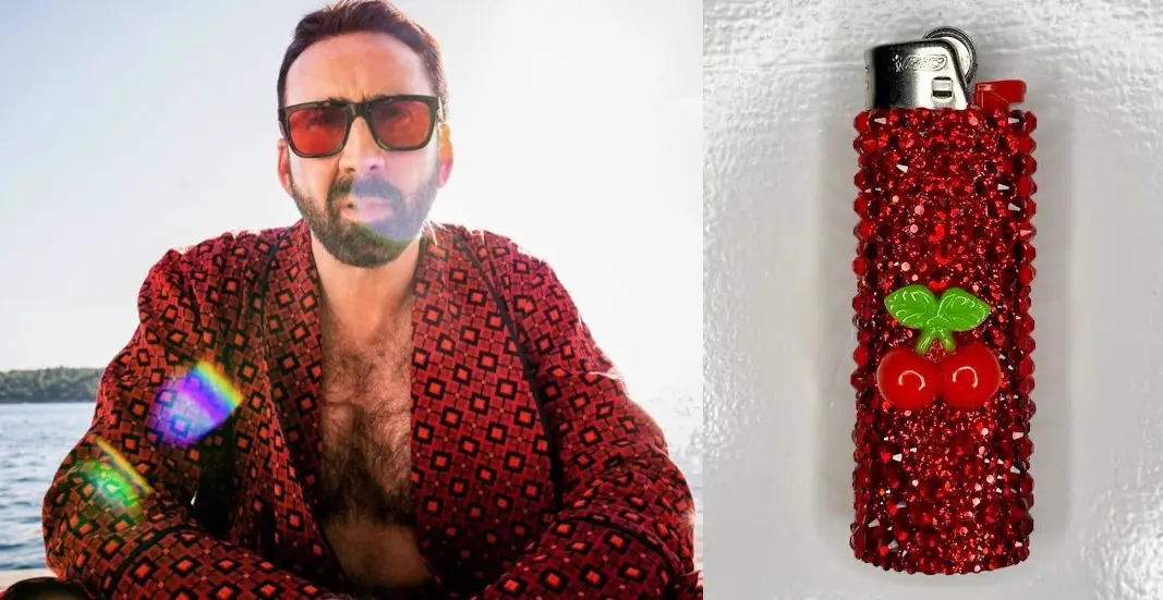 The image is split: on the left, Nicolas Cage wears a red patterned robe and sunglasses, looking intensely at the camera…