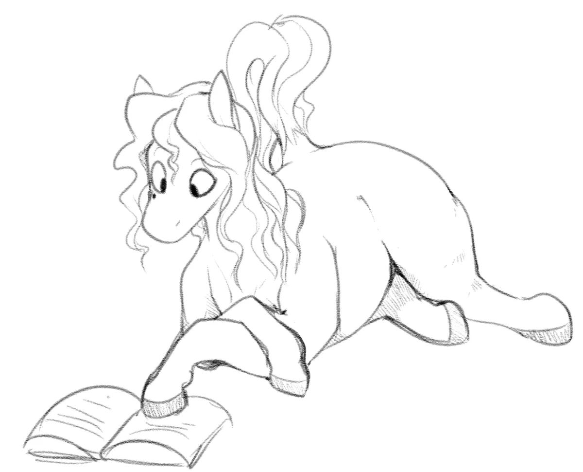 A black-and-white line drawing shows a cartoon pony with long, wavy hair lying on its stomach, propped up on its front legs…