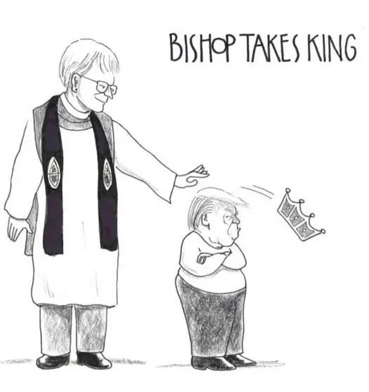 A black-and-white cartoon depicts a clergyman in a robe and stole extending his hand toward a small, stout man with a crown…