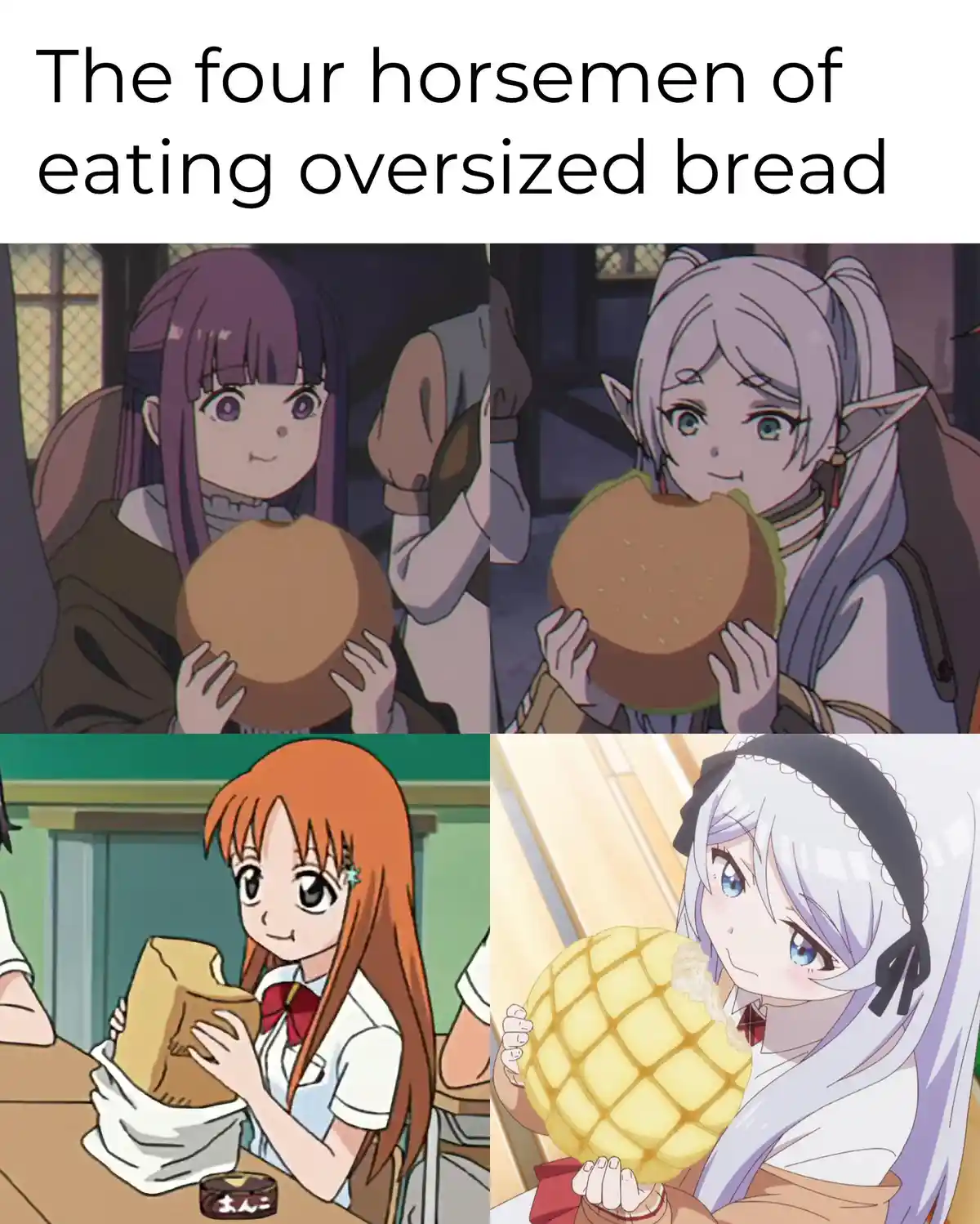 A four-panel anime collage shows four different female characters each holding or eating a massive, unrealistic loaf of…