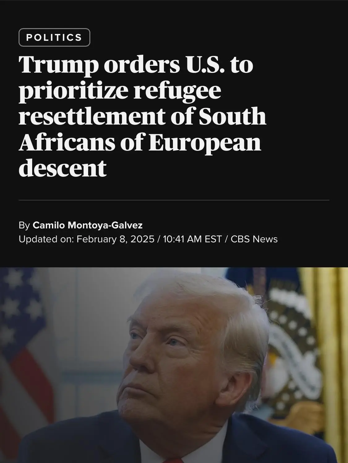The image shows a news article headline overlaying a photo of Donald Trump looking upward with a serious expression. The…